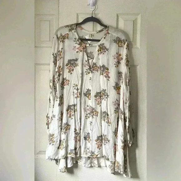 Free People White Gardenia Retro Swing Tunic Mini Dress Floral Long Sleeve M - Picture 1 of 7